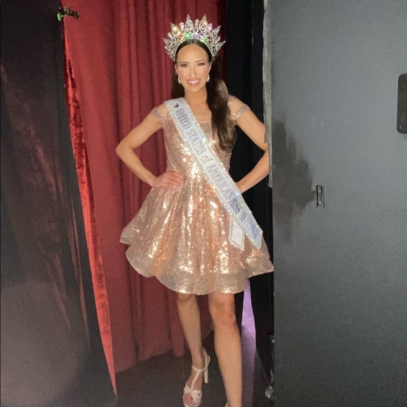 Ieena by Mac Duggal Sequined Skater Dress Rose Gold Copper Size 8 Style 49484 - Picture 9 of 13